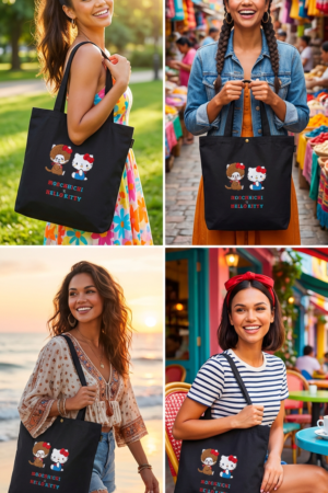 Monchhichi × Hello Kitty Black Tote Bag – For Character Fans